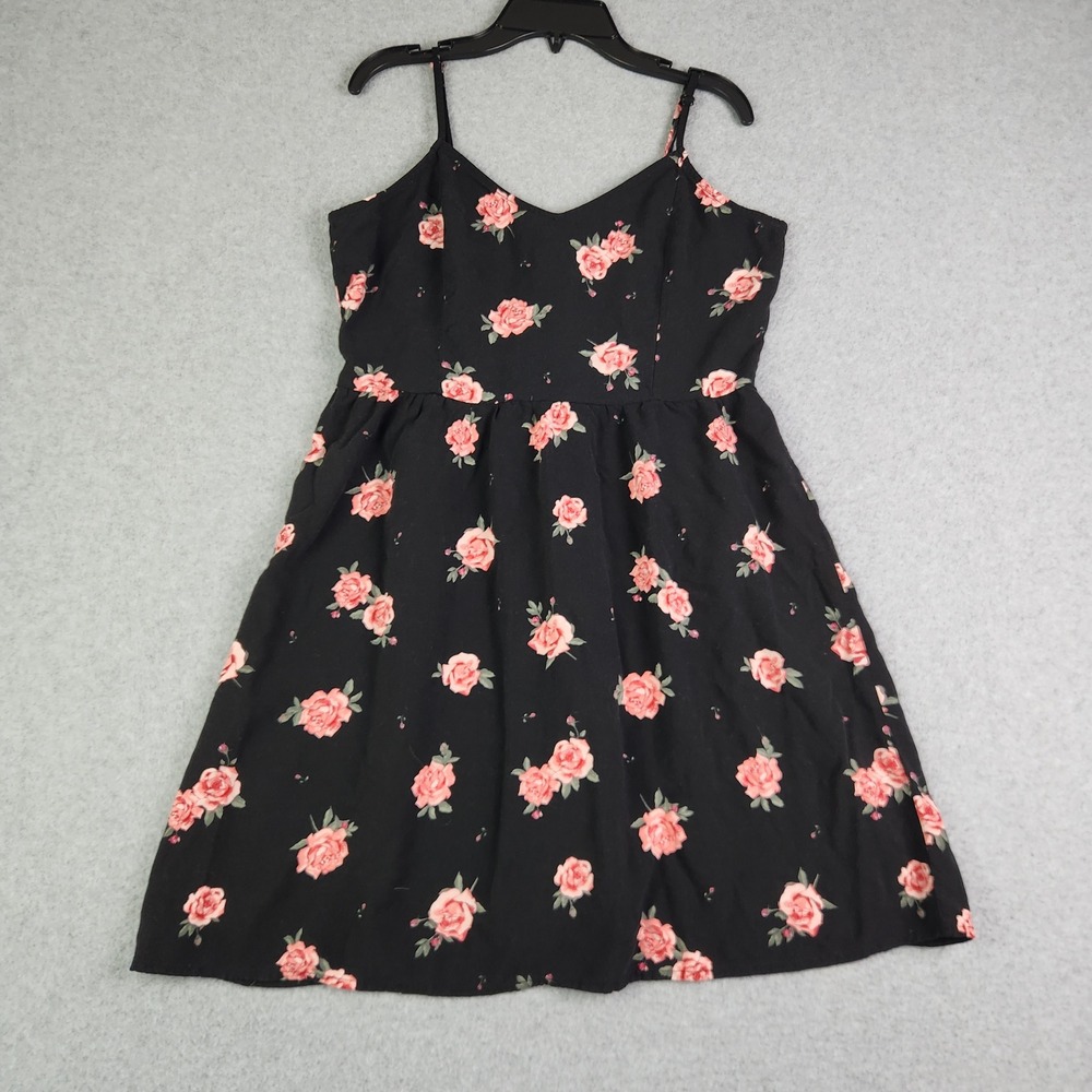 H&M Divided Sundress Womens 12 Black Pink Floral Smocked Back Adjustable Strap